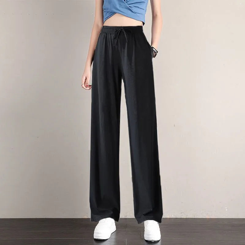 1pcs Summer Women Ice Silk Pant Female High Elastic Waist Drawstring Pocket Loose Straight Trousers Student Sports Straight Pant Black