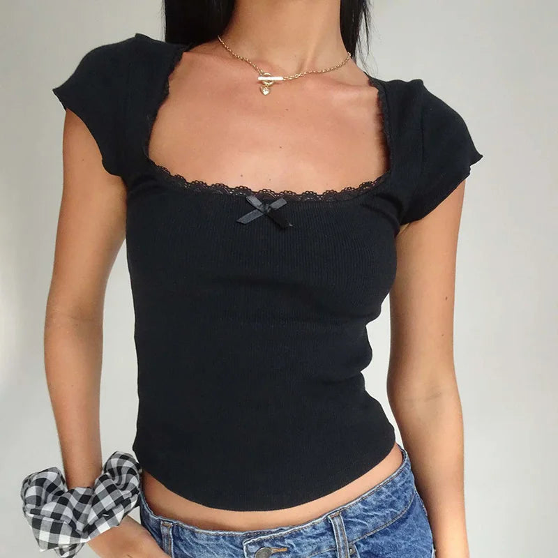 y2k Vintage Baby Tee Cottage Lace Trim Knitted T-Shirt Summer Square Neck Short Sleeve Tee Shirt Women White Milkmaid Crop Top black