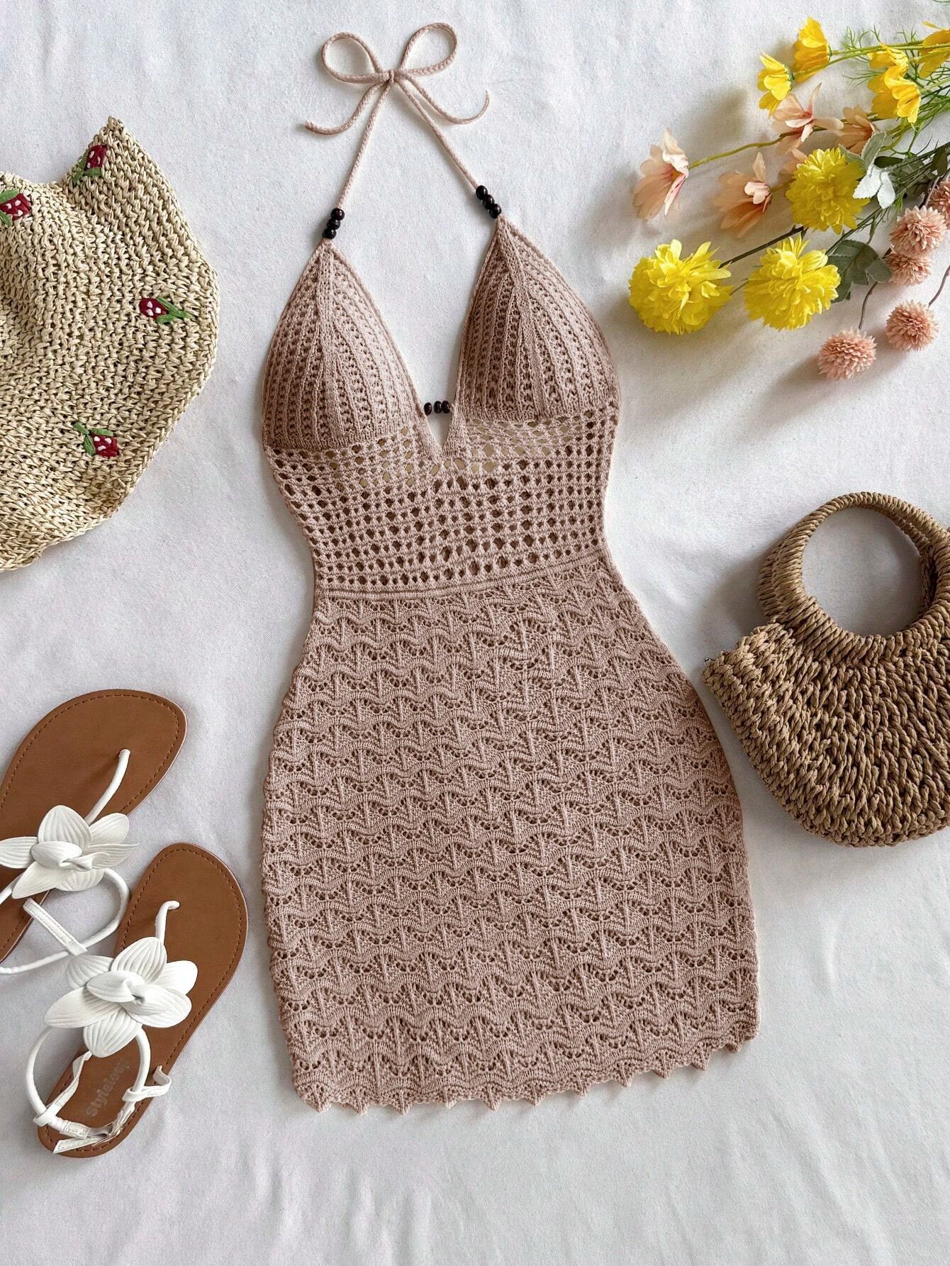 Soleia Summer Sexy V-Neck Hollow-Out Wooden Beads Fitted Dress, Vacation Spaghetti Strap Backless Ombre Knitted Dress, Suitable Khaki