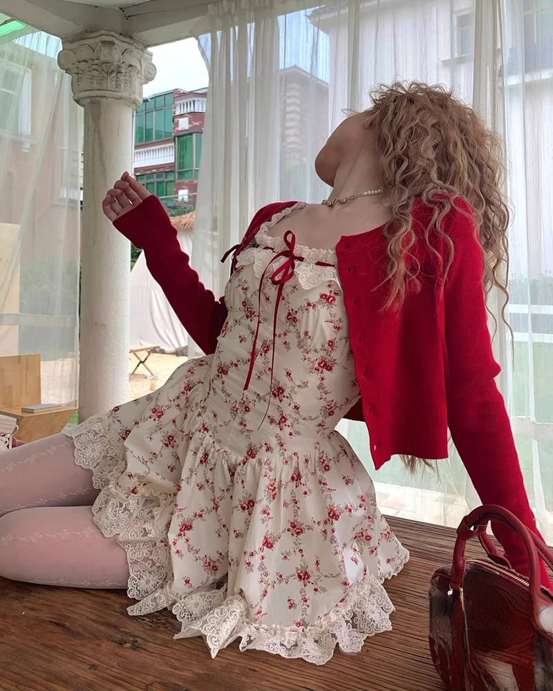 Y2K Sweet Floral Dress Set Woman Casual Red Short Cardigan Elegant Lace Mini Dress Female Korean Prairie Chic Clothing Suit