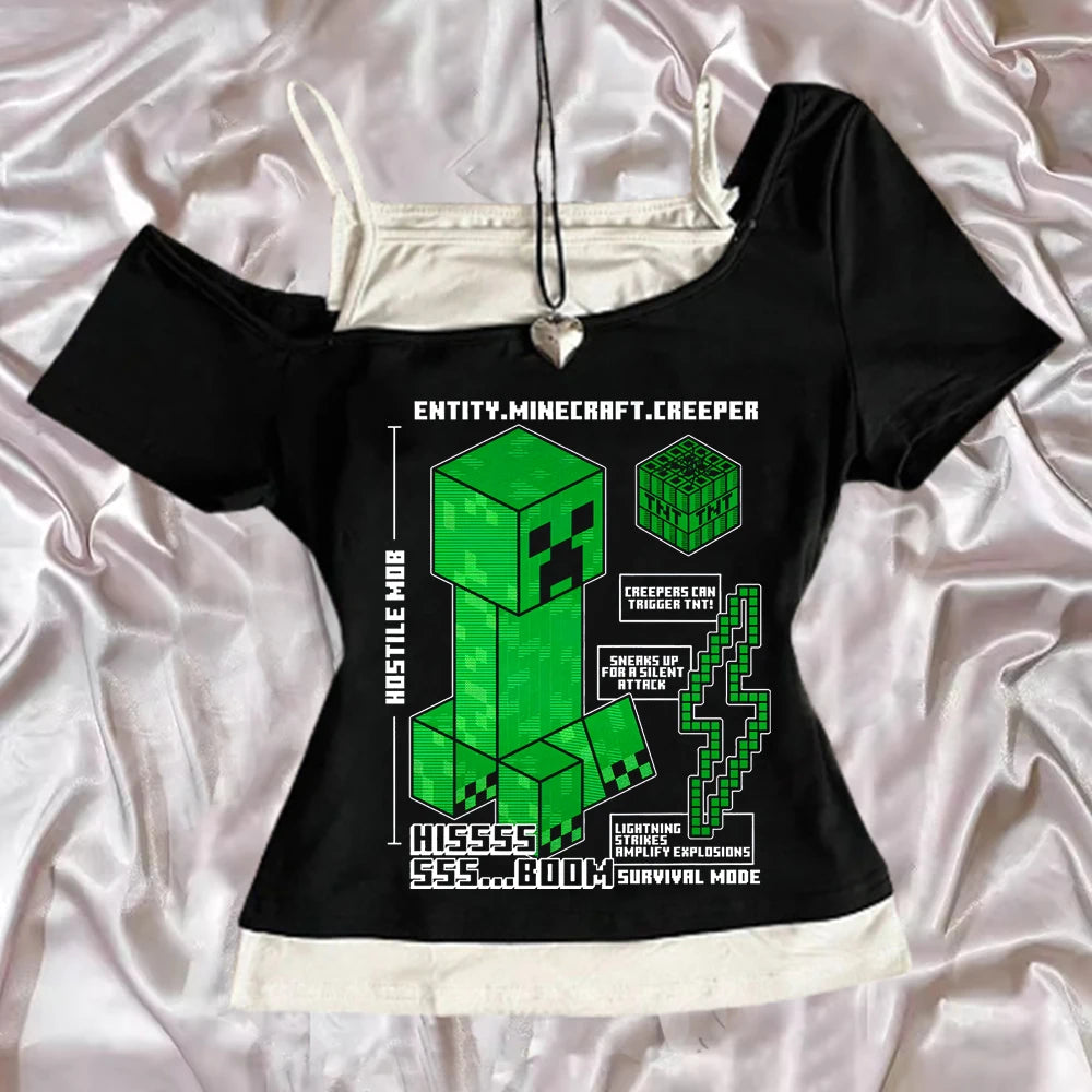 Punk Gothic Sexy Streetwear Slim Baby Tee 2000s Tops Y2k Fake two off shoulder T-shirts Harajuku Aesthetic Short Sleeve Clothing black