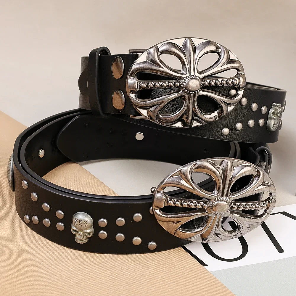 New Men's Belt Bohemian Style Vintage Inlaid Skeleton Head Women's Belt Riveted Belts Six Star Belt Punk Rock Sexpot Y2K Belts