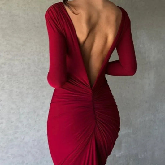 Women Sexy Elegant Long Dress Long Sleeve Backless Bodycon Slit Dress Autumn Evening Party Dresses Female Badiee Stylez