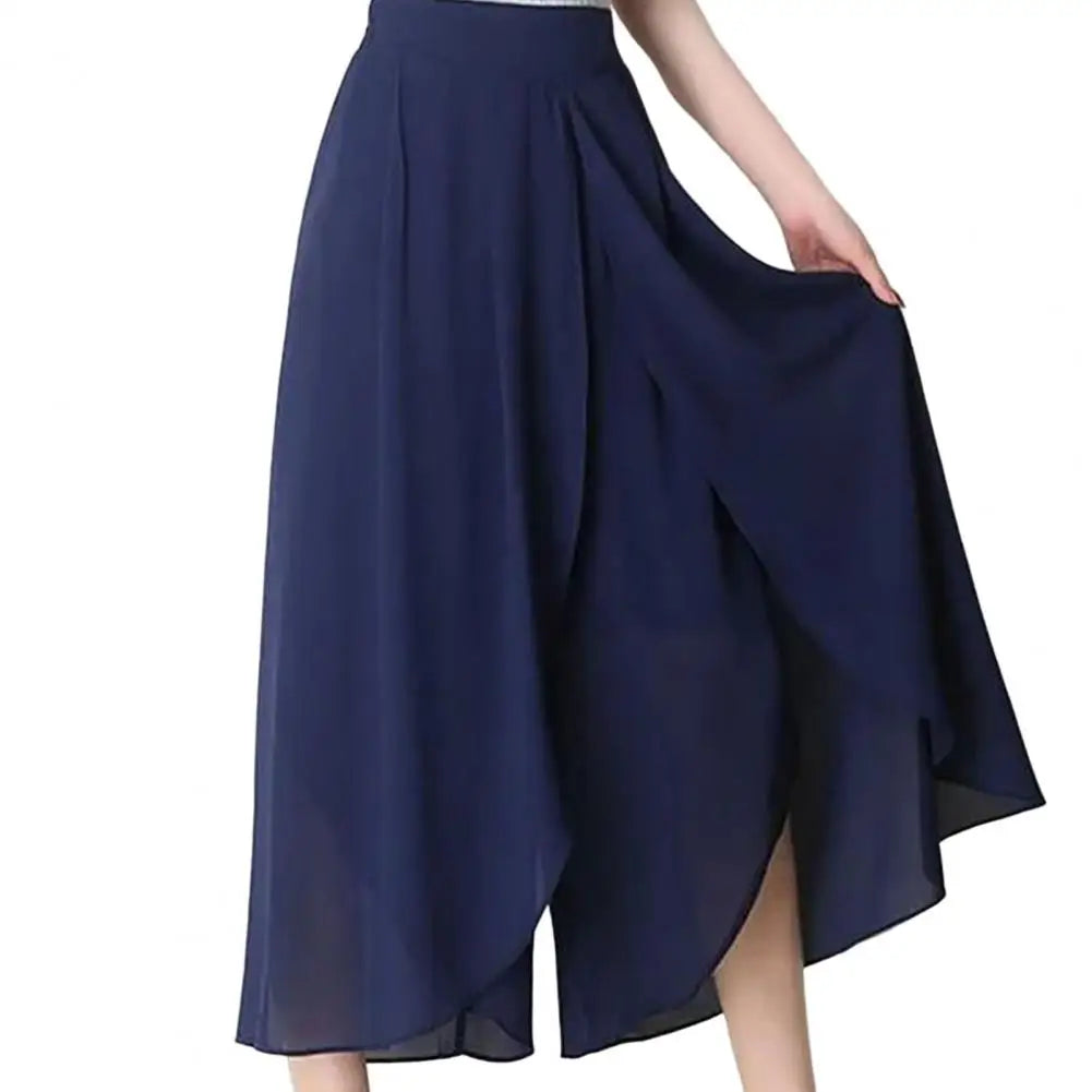 High Waist Pants See-through Chiffon Trousers Chic Women's Chiffon Skirt Pants Double Layered Wide-leg Mid-calf Cropped for A dark blue