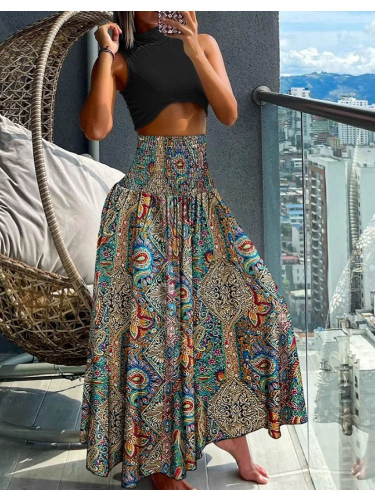 Women Fashion Floral Print Folds Bohemian Elastic High Waist Skirt Ladies Knee-Length Long Skirts For Women Badiee Stylez