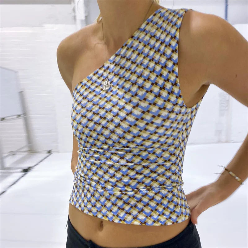 Xingqing One Shoulder Tank Top for Women Floral Print Sleeveless Backless Vest Cropped T Shirt y2k Aesthetic Clothing Streetwear