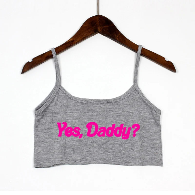 YES DADDY Pink Letters Print Summer Women's Crop Top Sexy Elastic Cotton Camis Sleeveless Short Tank Top Bar Tops Women Light Gray