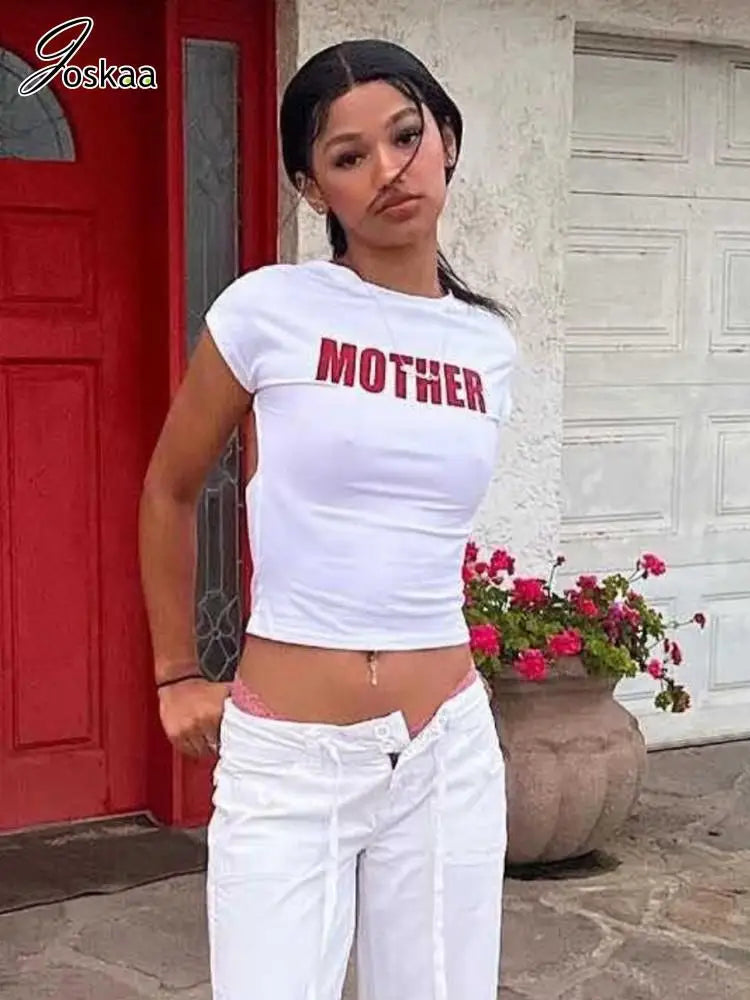 Joskaa Letter Printed Y2K T-Shirts Women Hipster Sexy O-Neck Short Sleeve Slim Crop Tops 2025 Summer Graphic Tees Streetwear
