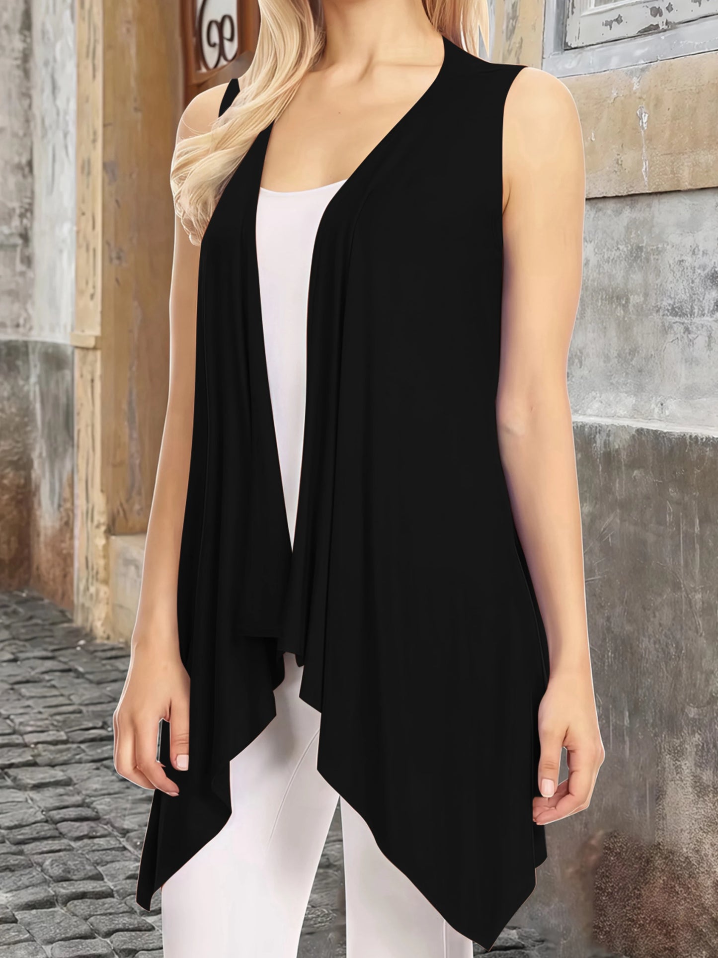 Elegant Sleeveless Open Front Cardigan Vest for Women - Plus Size Lightweight Draped Long Vest black