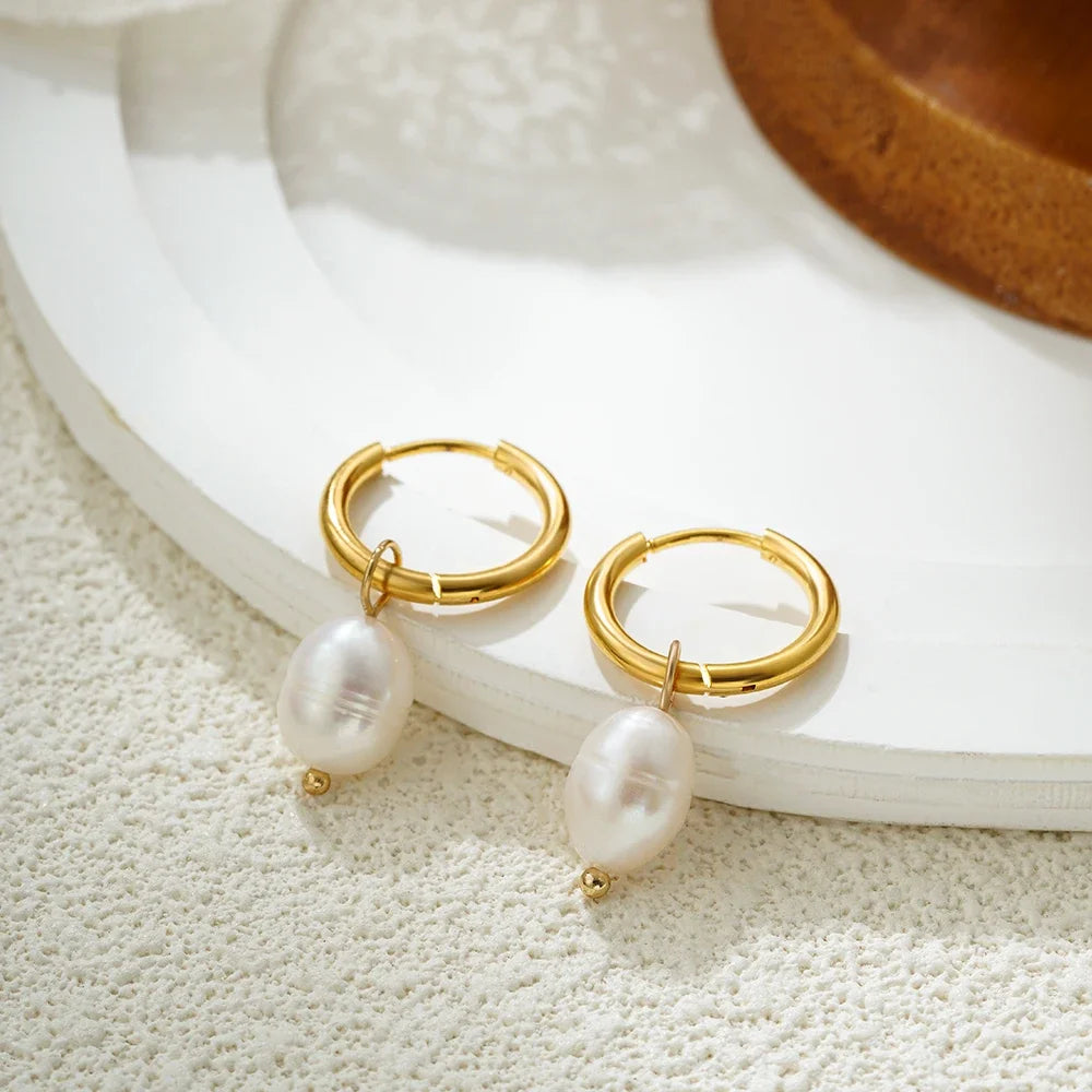 2 Pair/Set Fashion Stainless Steel Imitation Pearls Dangle Hoop Earrings for Women Dainty 18k Gold Plated Hoops Vintage Jewelry