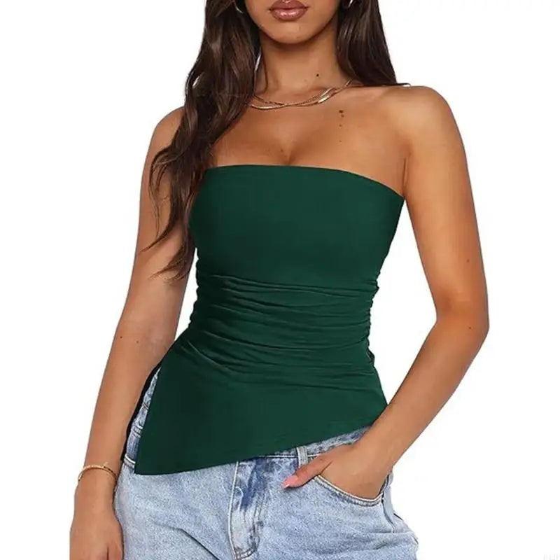920L Strapless Ruched Asymmetrical Tube Top for Women Off Shoulder Bandeau Shirt Solid Color Side Split Fit Top for Ink green CHINA
