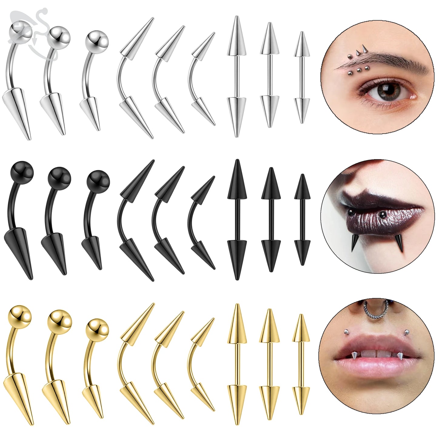 ZS 1 PC 16G Stainelss Steel Eyebrow Ring For Men Women Long Spike Curved Nose Bridge Piercing 3 Colors Cone Lip Labret Piercings