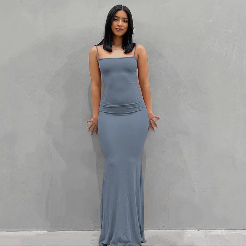 Europe and the United States cross-border foreign trade women 2024 solid color sexy slim high step slip dress blue