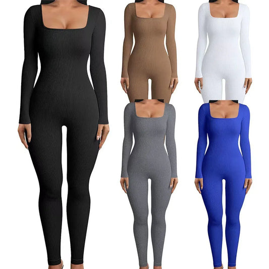 Solid Color Ribbed Yoga Jumpsuit, Seamless Slim Fit Long Sleeve Sports Bodysuit, Women's Activewear Badiee Stylez