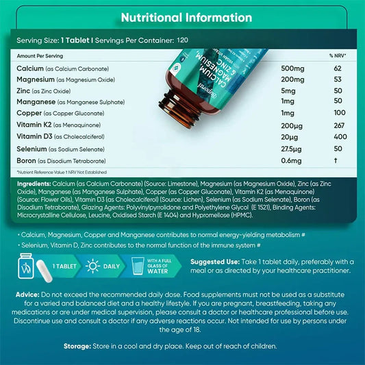 Calcium, Magnesium, Zinc and Vitamin D Supplement - Supports Immune System and Bone Health and Enhances Nutrient Absorption