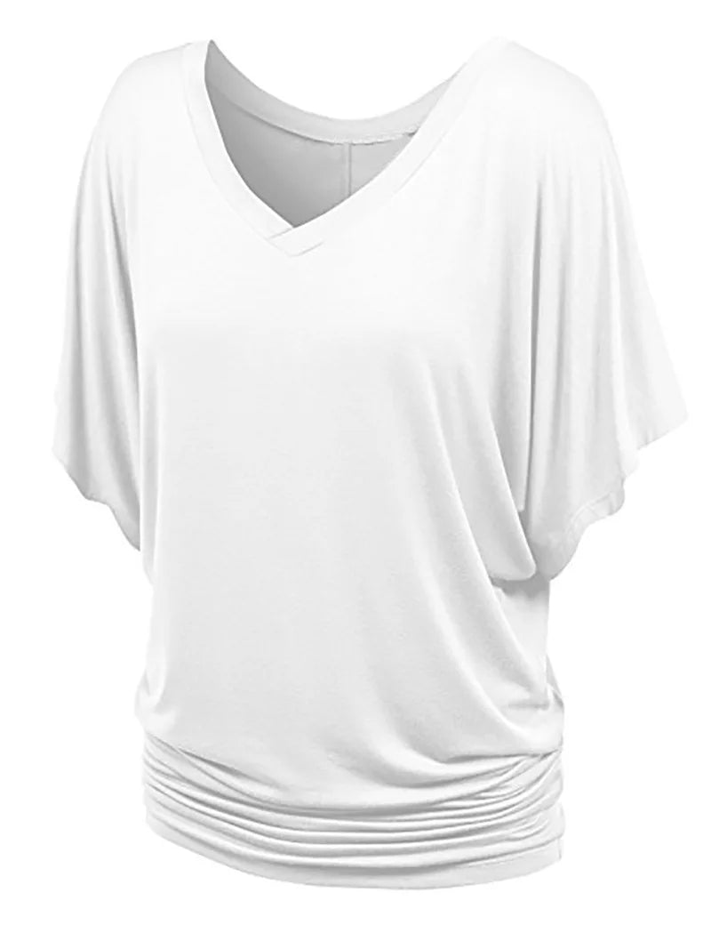 Women V Neck Short Sleeve Pleated Loose T-shirts Summer Lady Batwing Sleeve Oversized S-5XL Tee Shirt Tops OUYMFZ-A1375