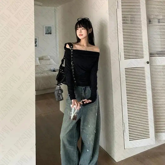Sexy Punk Y2k Long sleeve Crop Top One shoulder Harajuku Grunge Goth Pullover Streetwear Hip Hop Baby Tee Retro Fashion Top EMO