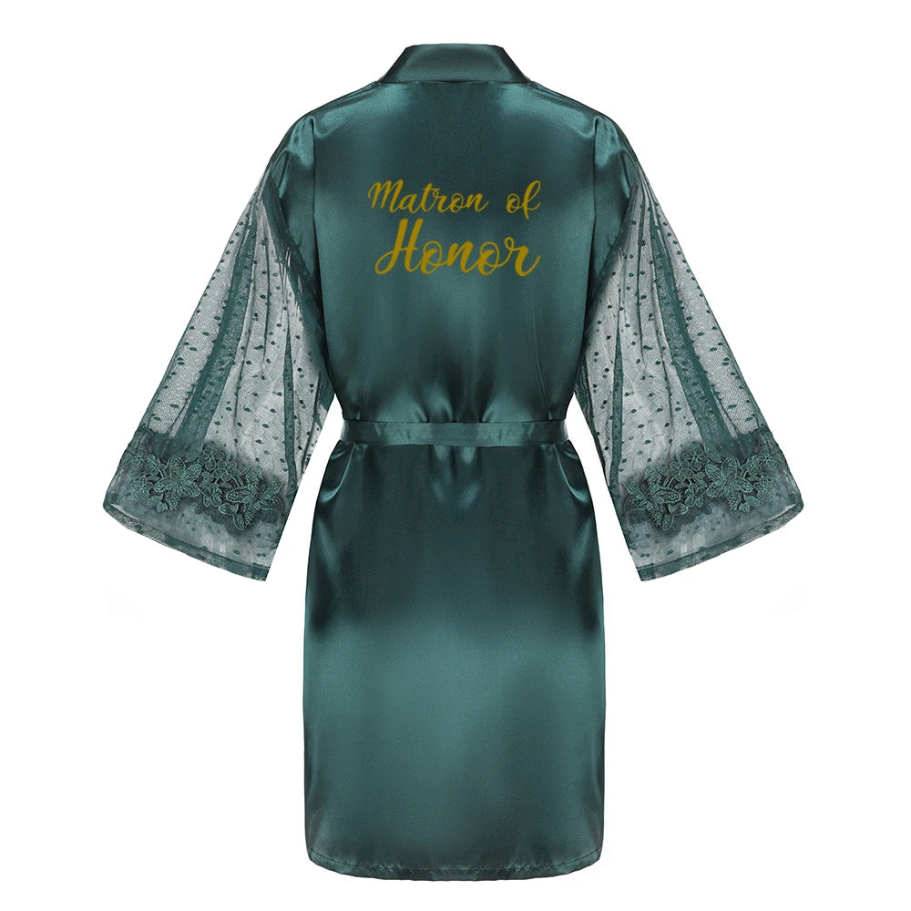 Green Bridesmaid Wedding Party Team Bride Robe With Gold Letters Lace Mesh Sleeve Kimono Satin Pajamas Mother Bathrobe As the photo show 13