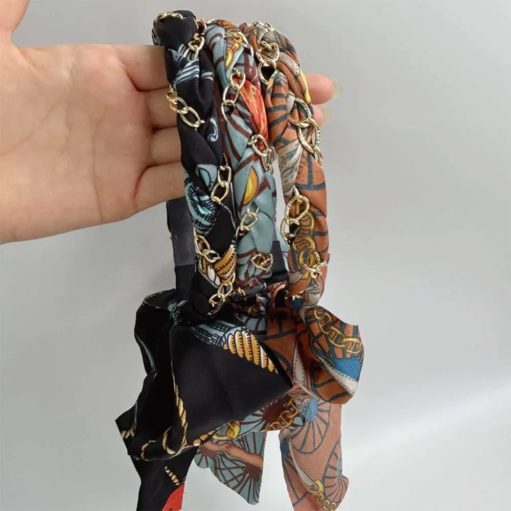 Retro Silk Scarf Headband Floral Print Pearl Braided Hairband Adjustable Bow Non Slip Ribbon Hairband for Women Girls Kid