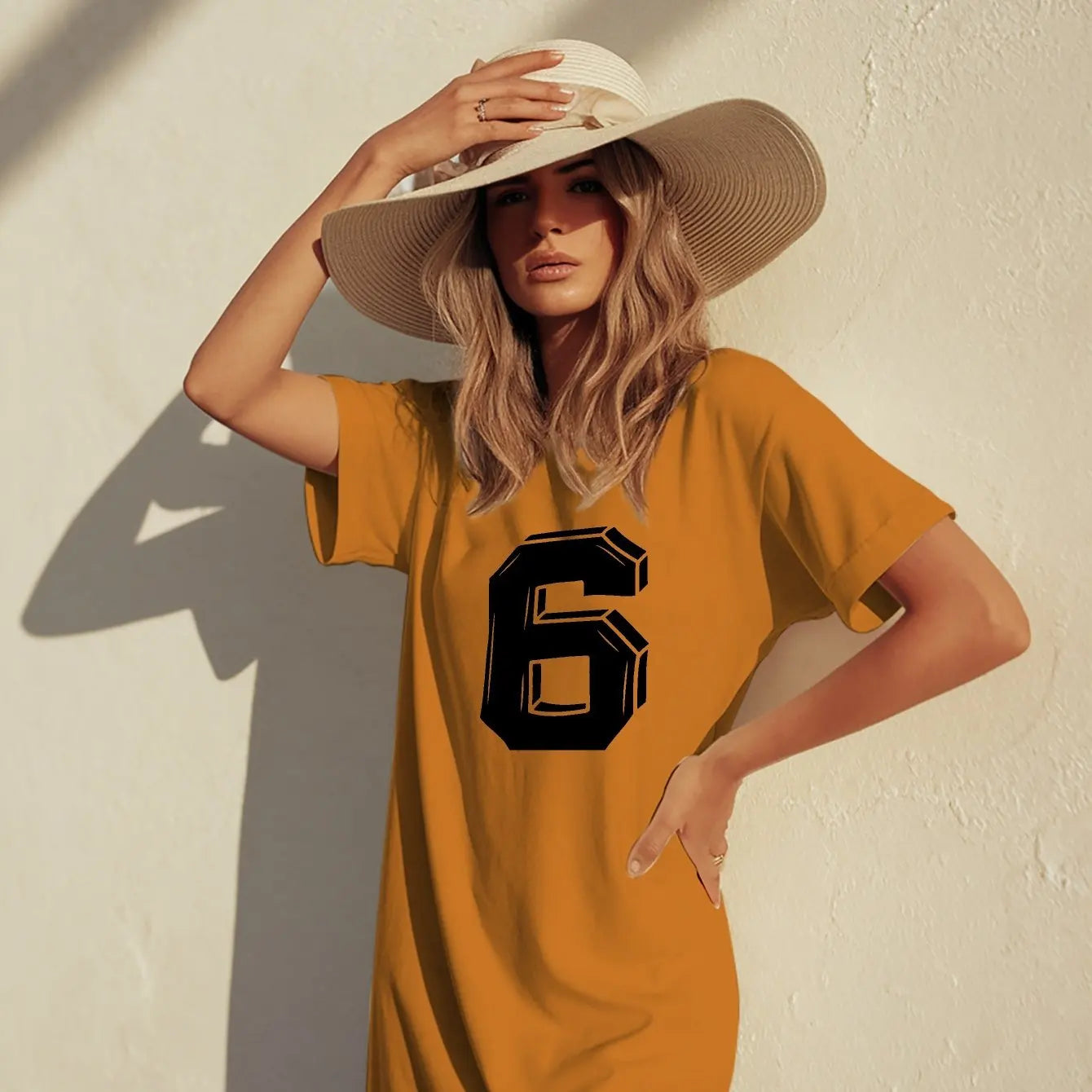 Plus Size Lucky Number 6 Women's Vibrant T-Shirt Dress with Bold White '6' Printed Casual Round Neck Short Sleeve Summer Dress CDXQ-56