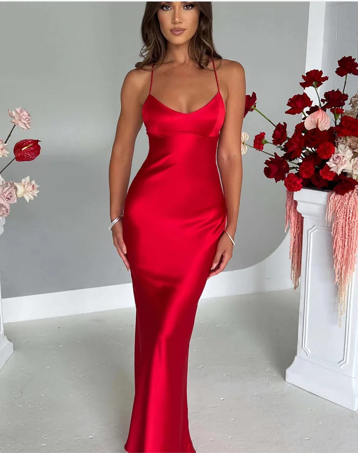 Sexy halter satin dress, a new autumn fashion backless strappy cinched-waist long dress Badiee Stylez