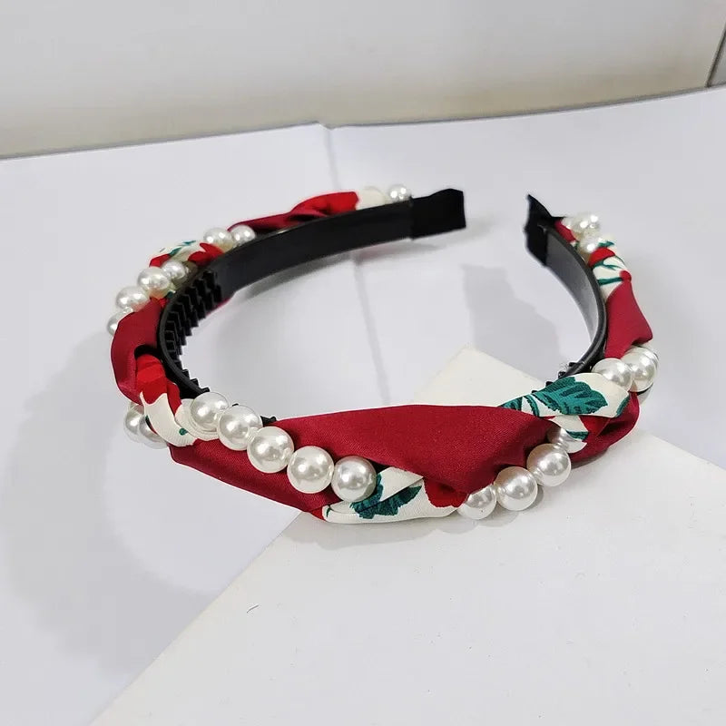 Women's Pearl Face Washband Anti-Slip Woven Headband High-End Feel Outing Hair Tie Pearl Hair Band Hair Accessories Red