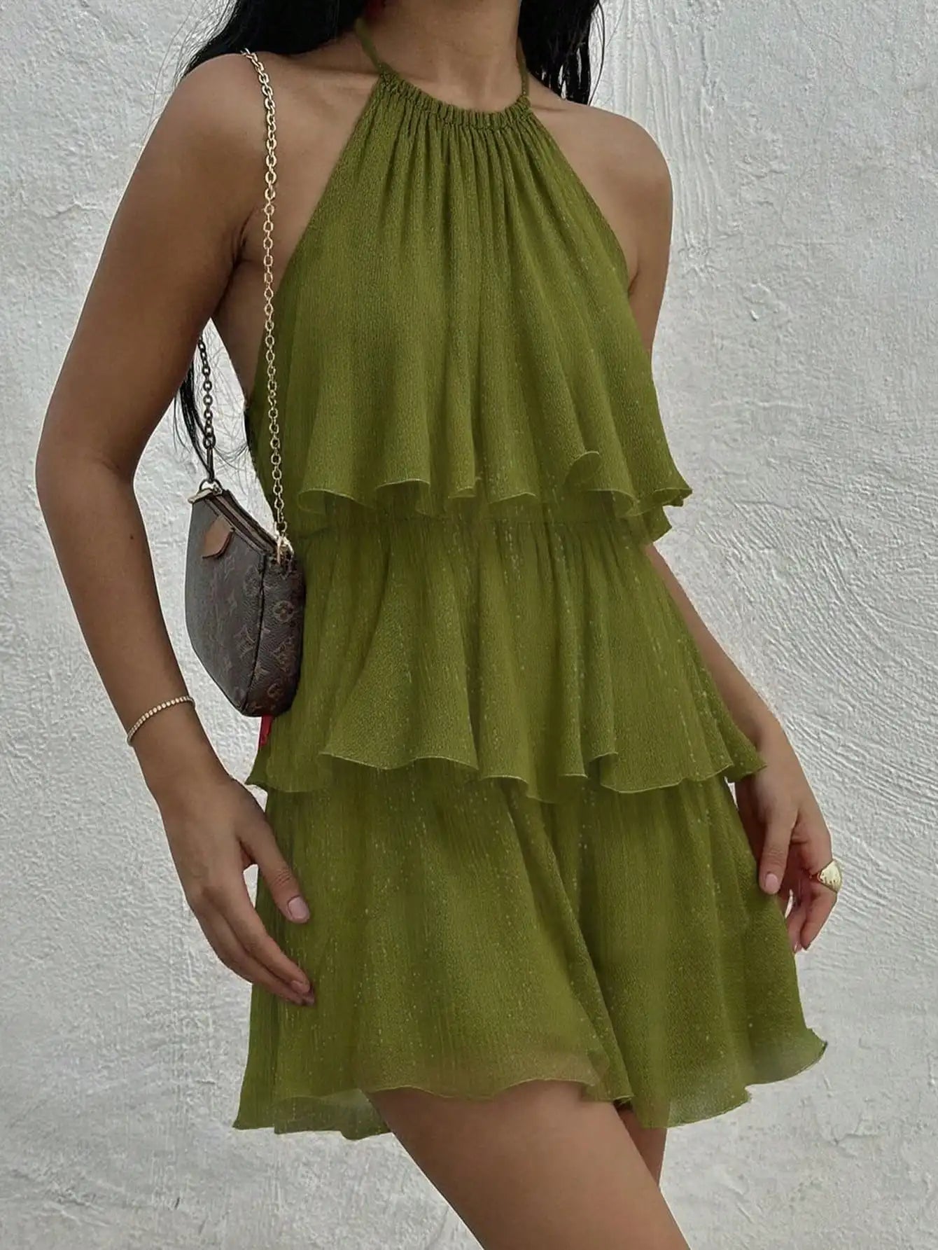Women's Boho Elegant Tiered Ruffle Mini Dress Sleeveless Halter Neck Party Dress St Pleated Flowy Green Holiday Outfit