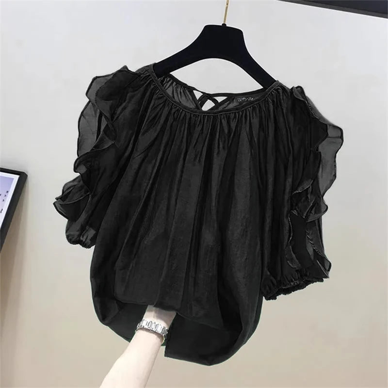 ZANZEA Women Cold Shoulder Blouses Fashion Ruffled Half Sleeve Tops 2024 Back Straps Pleated Tunics Summer Casual Loose Shirts black