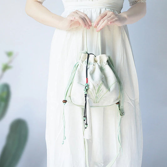 Chinese Style Women's Drawstring Bag Vintage Flower Embroidery Hanfu Handbag Street Fashion Girls Bucket Shape Shoulder Bag