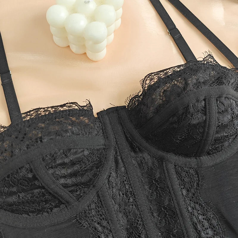 Women Lace Bustier Top Sexy Sheer Mesh See Through Spaghetti Strap Slim Camisole Y2K Going Out Night Club Party Corset Top