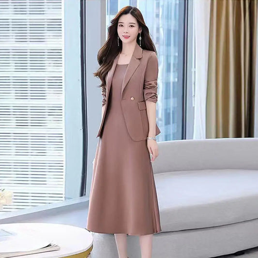 2Pcs/Set Summer Women Suit Dress Outfit Solid Color Mid-length Lady Dress Sets Light Luxury Commute Sling Dress Coat Set