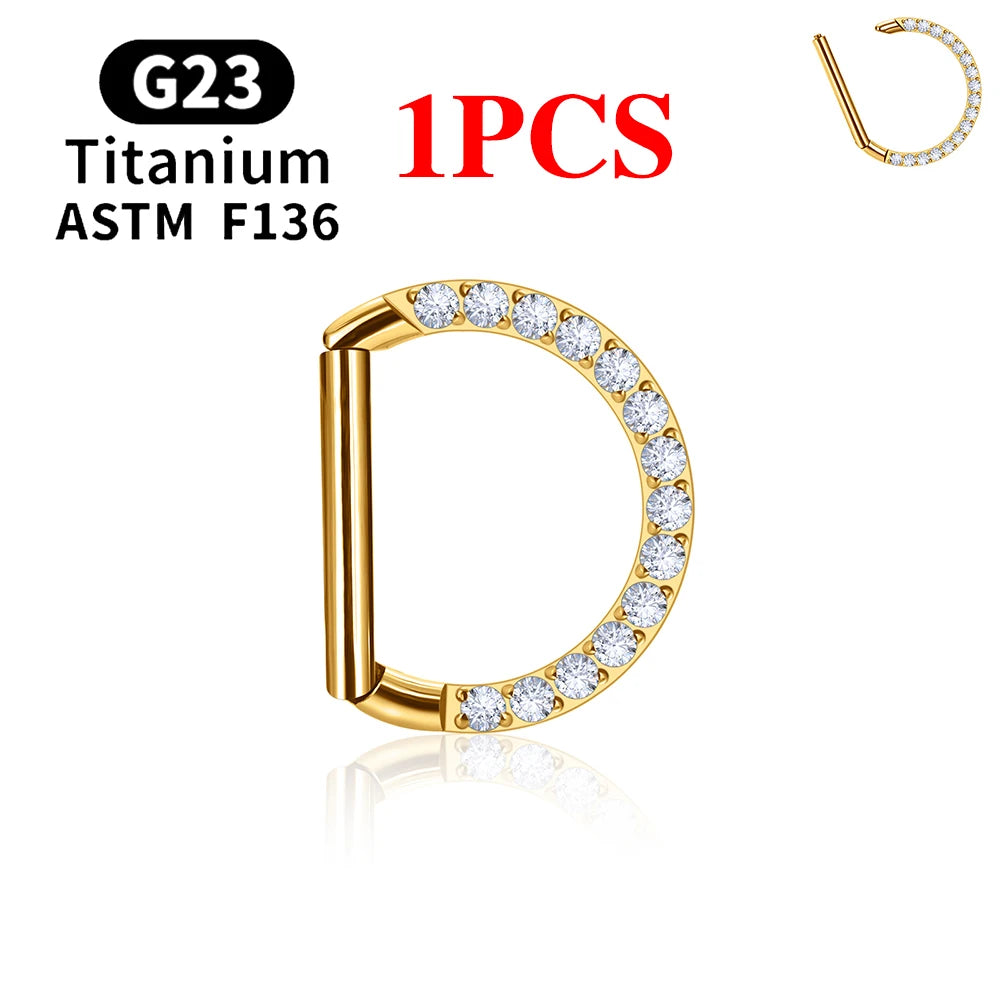 1/10PCS F136 G23 Titanium Piercing Nose Ring D Shape Hinged Segment CZ 16G Clicke Cartilage Tragus Helix Earrings Body Jewelry 1PCS Gold Color 3 CHINA