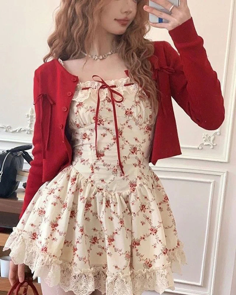 Y2K Sweet Floral Dress Set Woman Casual Red Short Cardigan Elegant Lace Mini Dress Female Korean Prairie Chic Clothing Suit