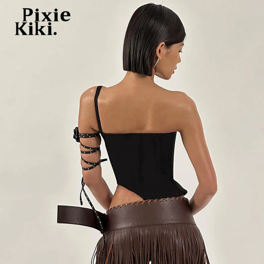 PixieKiki Sexy Black Busiter Corset Tops Club Wear Asymmetrical One Shoulder Backless Crop Top Women's Clothing 2024 C85-DD20