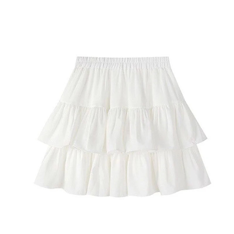 Pleated A-Line Skirt Women White Ruffle Sweet Tierred Pretty Style Skirt Elastic Waist Summer Slim Basic Korean Harajuku Dress WHITE