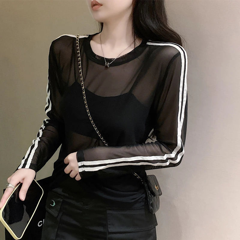 Y2K Sheer Sun-Proof Shirts Women Striped Long Sleeve T Shirts Streetwear See Through Mesh Blouses Korean Sun Protection Tops New