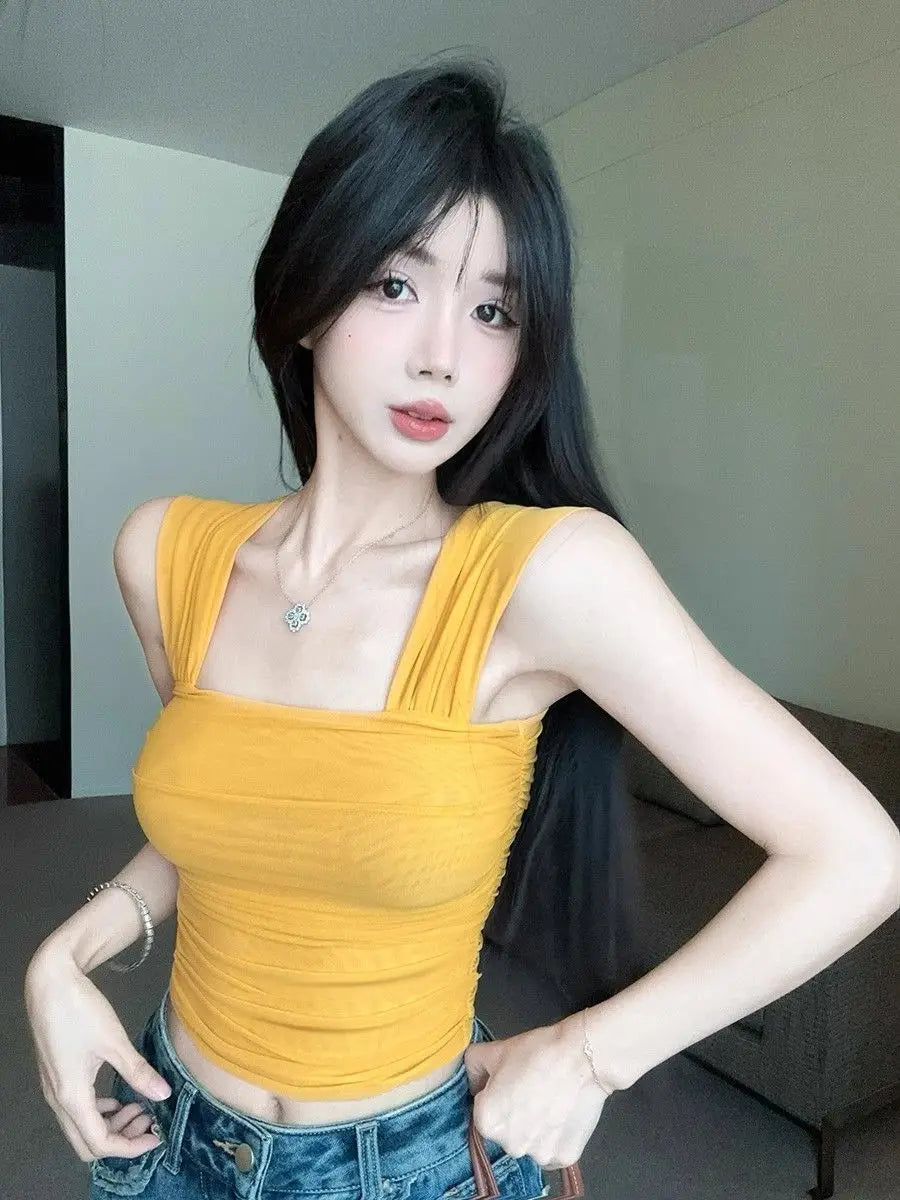 Women Clothing Summer Fashion Korean Solid Color Square Collar Ladies Simplicity All-match Appear Thin Short Sleeve Cotton Tops