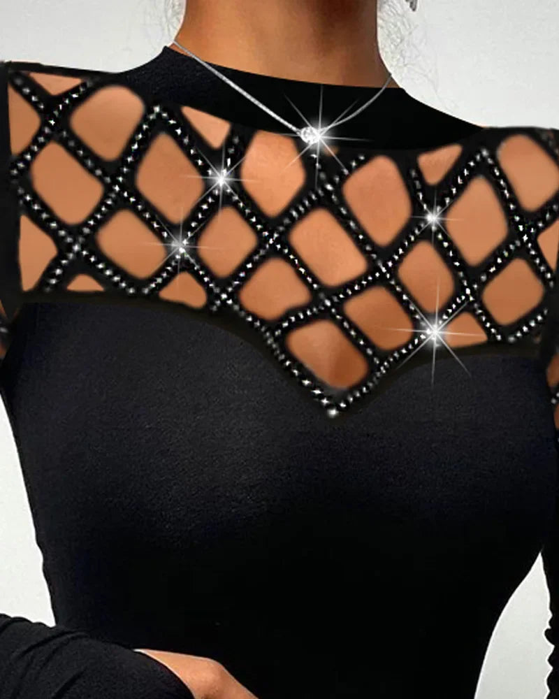 Women Hollow Out Hot Drilling Stitching Slim Top Long Sleeve Sexy Summer T Shirt Tops Black