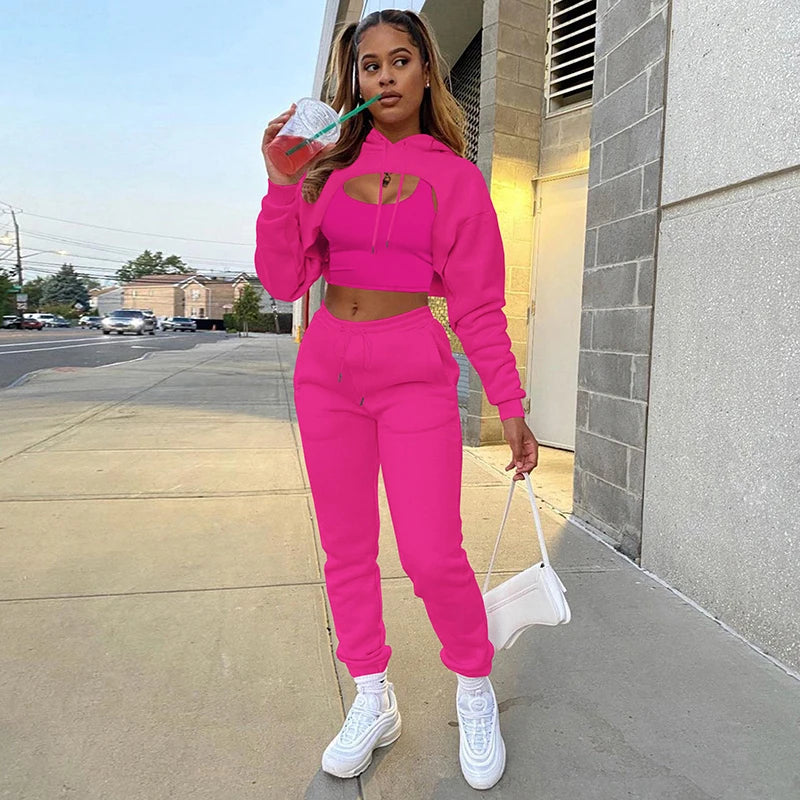 Women 3 Pieces Sets Sweatpants and Hoodie Set Cropped Tops Fleece Pants Suit Tracksuit Fitness Sport Jogger Outfit Clothing Rose Red