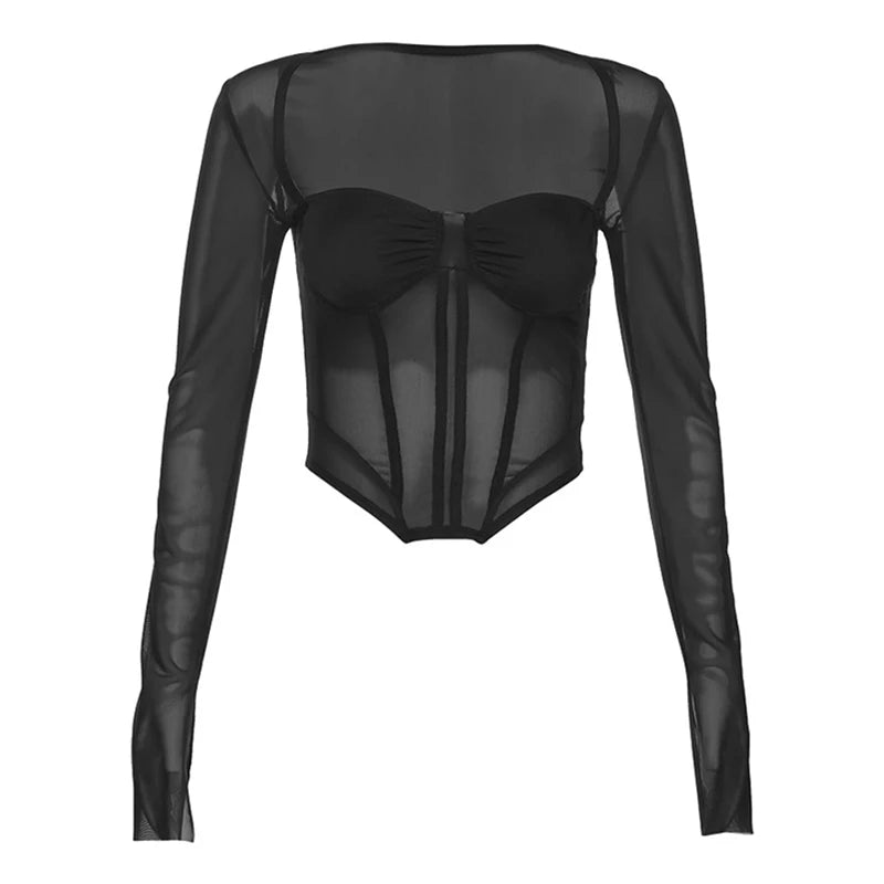 Xingqing Sexy Crop Tops Women Solid Color Sheer See Through Square Neck Long Sleeve Fishbone Corset T Shirts Ladies Clothing