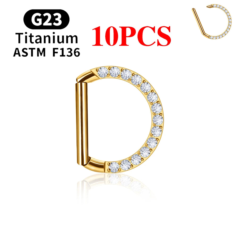 1/10PCS F136 G23 Titanium Piercing Nose Ring D Shape Hinged Segment CZ 16G Clicke Cartilage Tragus Helix Earrings Body Jewelry 10PCS Gold Color 2 CHINA