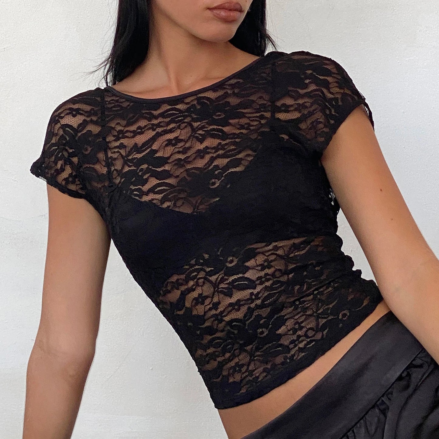 Combhasaki Women's Y2K Vintage Sheer Floral Lace See-through Tops Fashion Short Sleeve Open Back Slim Fit Summer T-Shirts