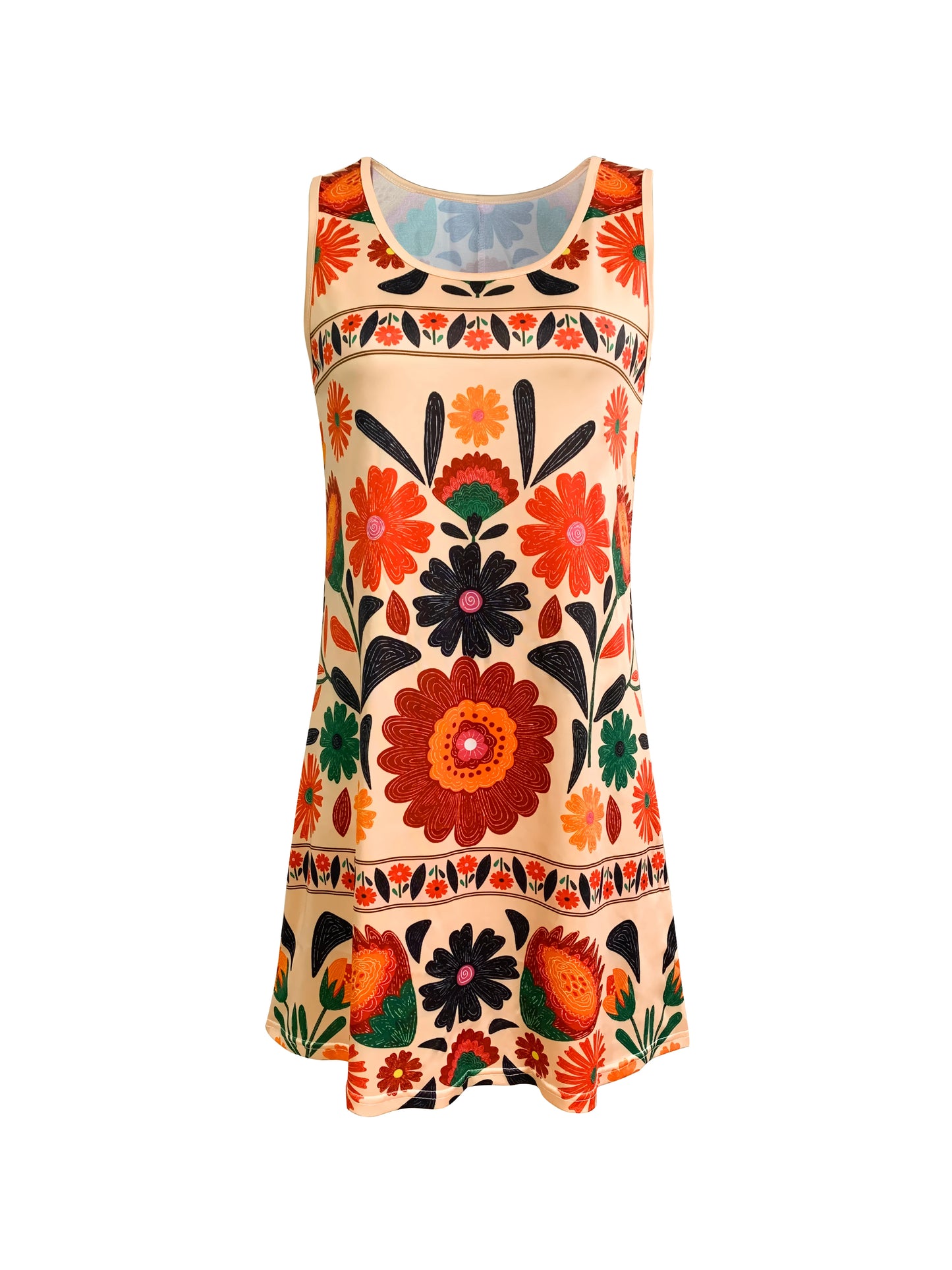 Women’s Sleeveless Boho Floral Dress, Colorful Flower Print Mini Dress, Casual Summer Beach & Festival Outfit