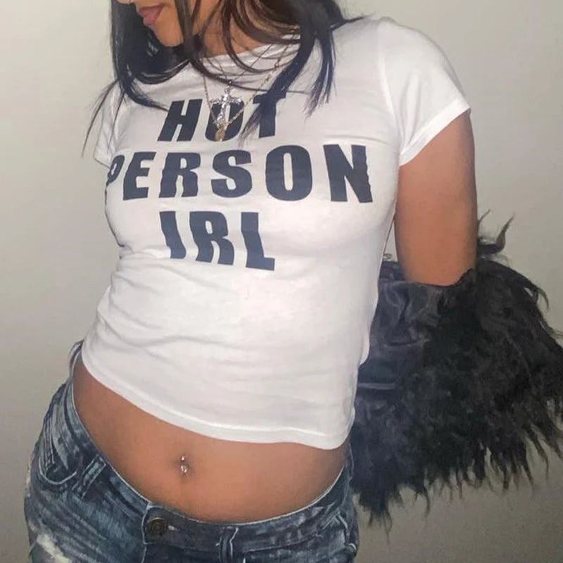 Y2k Streetwear Crop Tops Letter Print White Tees Short Sleeve Graphics T Shirt Womens 2025 Short Sleeve Aesthetic Clothing