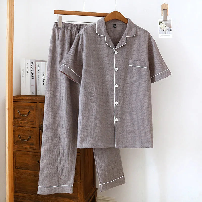 2025 New Japanese Spring/Summer Couple Pajama Set 100% Cotton Crepe Short Sleeve and Long Pants Two Piece Home Suit Thin Style Grey (male)