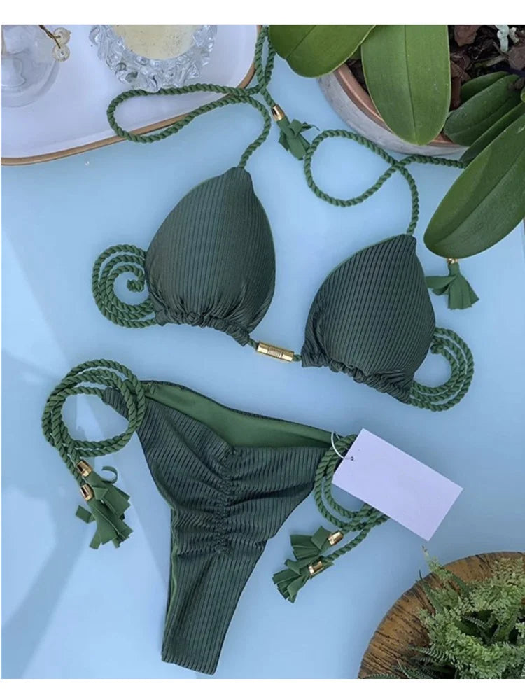 New Women Bikini Backless Rope Triangle Swimsuit Multicolor 8251