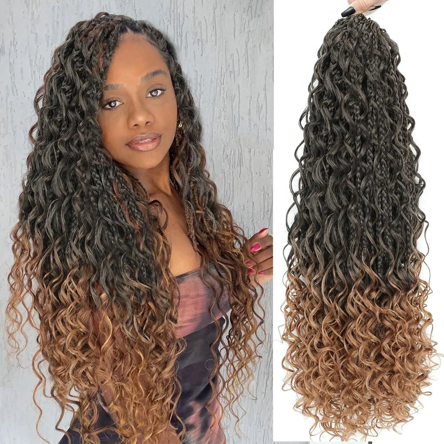 Synthetic Goddess Box Braids Crochet Hair With Curly Ends, Pre Looped Bohomian Crochet Box Braiding Hair Extensions for Women T30 1Pcs Lot