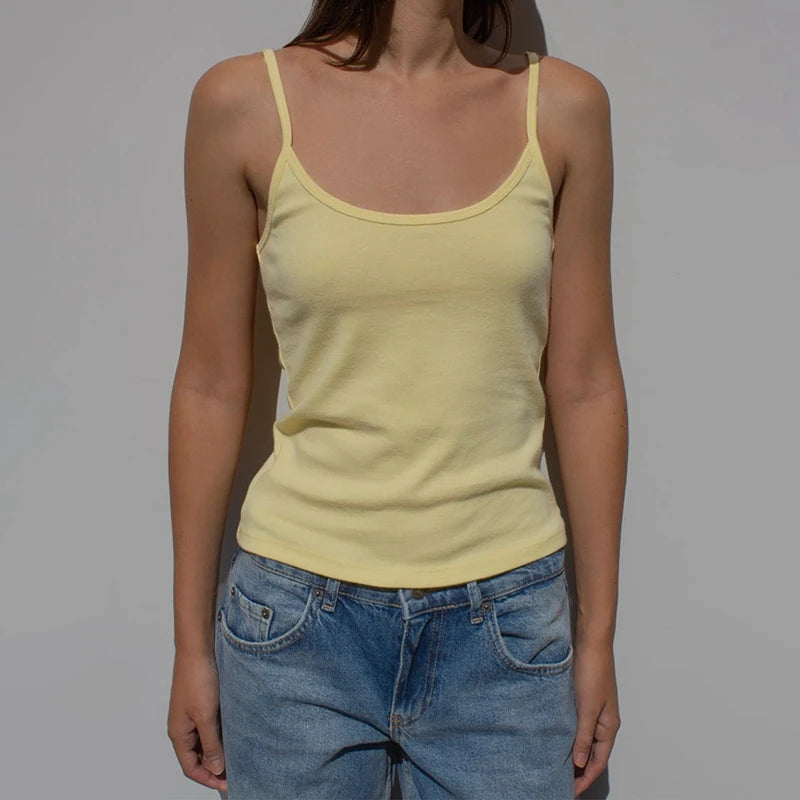 Y2k Striped Tank Top Women Backless Square Neck Crop Tops Going Out Sleeveless Spaghetti Strap Vest Vintage Camisole Streetwear Yellow