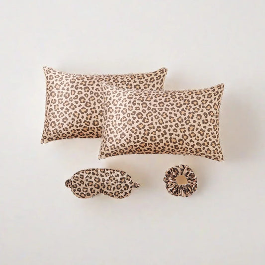 Leopard Print 4PCS Satin Sleep Set – 2 Pillowcases with Eye Mask and Hair Scrunchie for Nighttime Beauty Care and Travel Comfort Badiee Stylez
