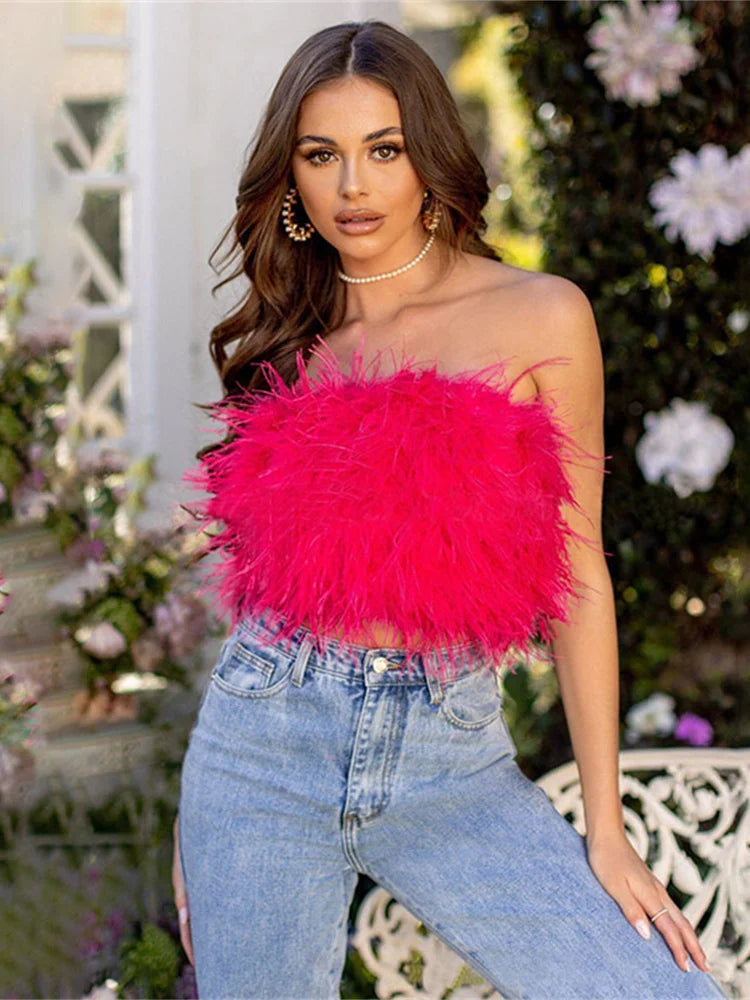 WESAYNB Wholesale Clothing Summer y2k Clothes Sexy Corset Tops Feather Strapless White Crop Tops Women 2022 Backless Design Top